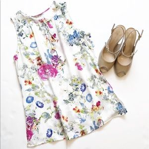 White and Floral Crosby Linen Tank Top S